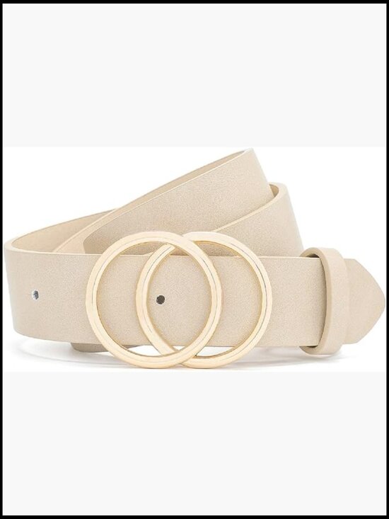 Faux Leather Women\'s Belt with Double Ring Gold Buckle for Jeans Dresses